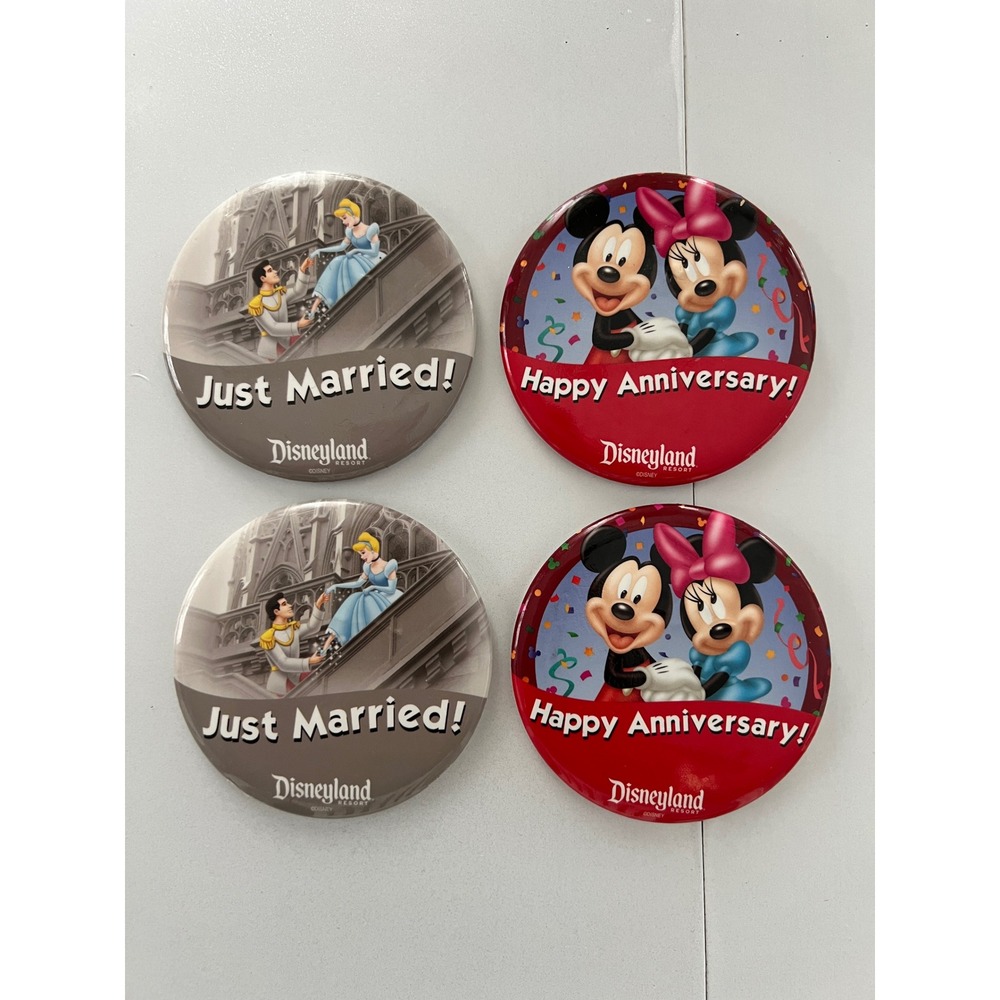 Disney Disneyland Just Married & Happy Anniversary Celebration Button Pin Set 4p